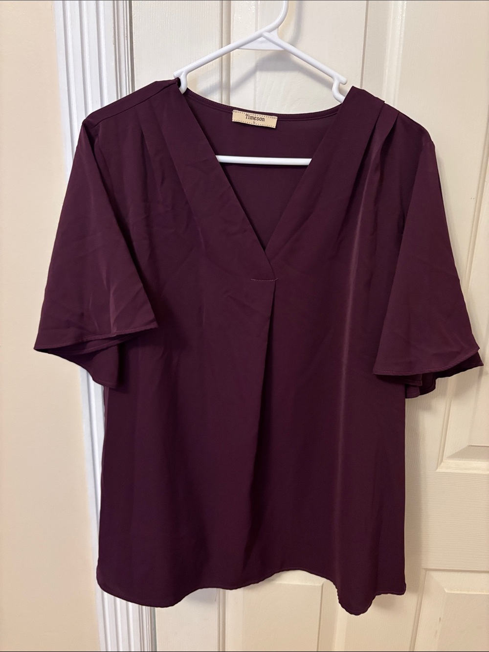 Timeson Women's V-Neck Flutter Sleeve Top in Plum